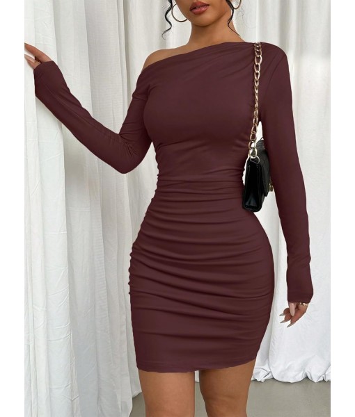 Acelitt Fall Off The Shoulder Dresses for Women 2025 Long Sleeve Ruched Bodycon Cocktail Party Mini Dress