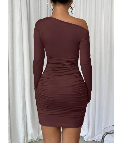 Acelitt Fall Off The Shoulder Dresses for Women 2025 Long Sleeve Ruched Bodycon Cocktail Party Mini Dress