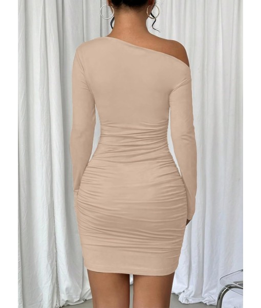 Acelitt Fall Off The Shoulder Dresses for Women 2025 Long Sleeve Ruched Bodycon Cocktail Party Mini Dress