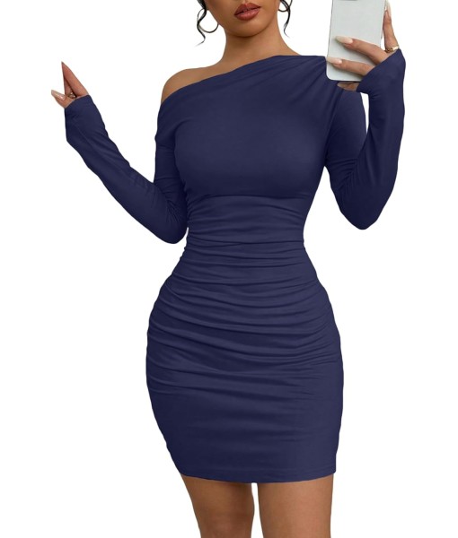Acelitt Fall Off The Shoulder Dresses for Women 2025 Long Sleeve Ruched Bodycon Cocktail Party Mini Dress