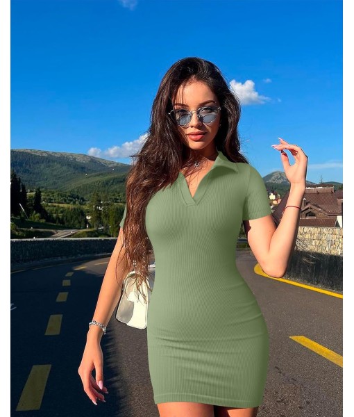 OQQ Women's Mini Dresses Sexy Ribbed Short Sleeve Tummy Control Bodycon Mini Dress