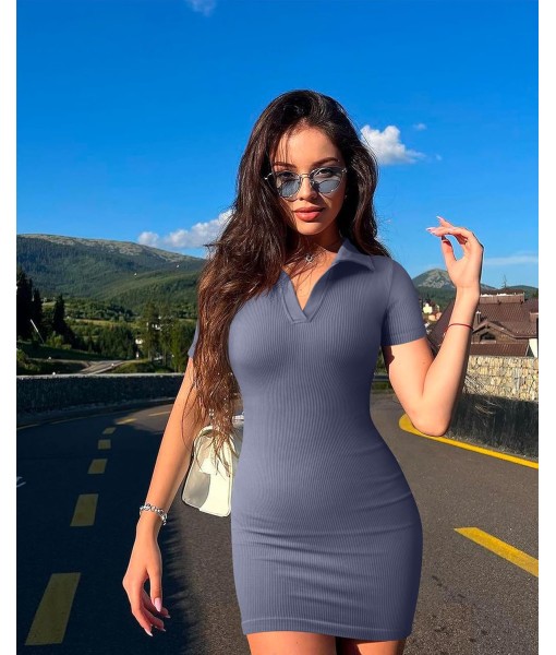 OQQ Women's Mini Dresses Sexy Ribbed Short Sleeve Tummy Control Bodycon Mini Dress