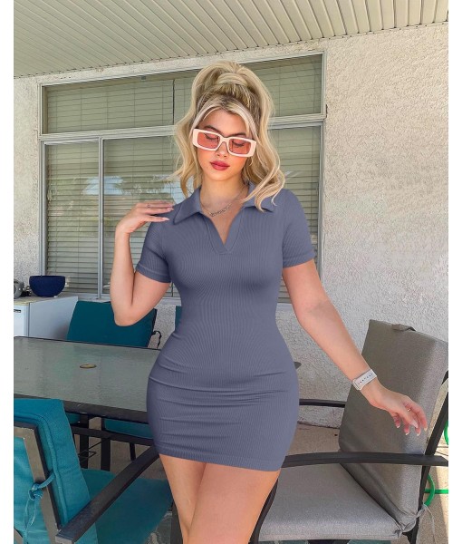 OQQ Women's Mini Dresses Sexy Ribbed Short Sleeve Tummy Control Bodycon Mini Dress