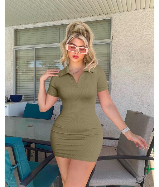 OQQ Women's Mini Dresses Sexy Ribbed Short Sleeve Tummy Control Bodycon Mini Dress