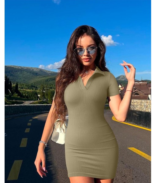 OQQ Women's Mini Dresses Sexy Ribbed Short Sleeve Tummy Control Bodycon Mini Dress