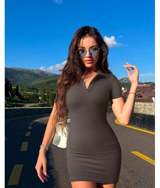 OQQ Women's Mini Dresses Sexy Ribbed Short Sleeve Tummy Control Bodycon Mini Dress