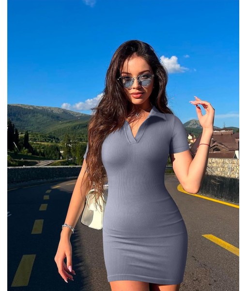 OQQ Women's Mini Dresses Sexy Ribbed Short Sleeve Tummy Control Bodycon Mini Dress