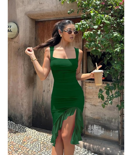 BORIFLORS Women's Sexy Ruched Bodycon Midi Dresses Square Neck Sleeveless Ruffle Hem Club Party Tank Dress