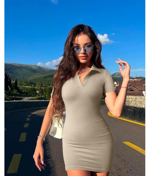 OQQ Women's Mini Dresses Sexy Ribbed Short Sleeve Tummy Control Bodycon Mini Dress
