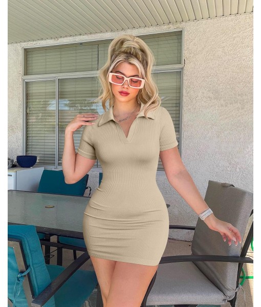 OQQ Women's Mini Dresses Sexy Ribbed Short Sleeve Tummy Control Bodycon Mini Dress