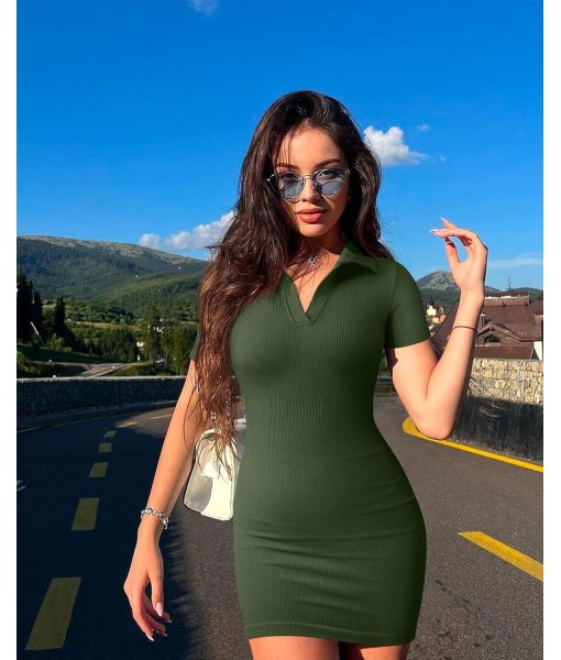 OQQ Women's Mini Dresses Sexy Ribbed Short Sleeve Tummy Control Bodycon Mini Dress