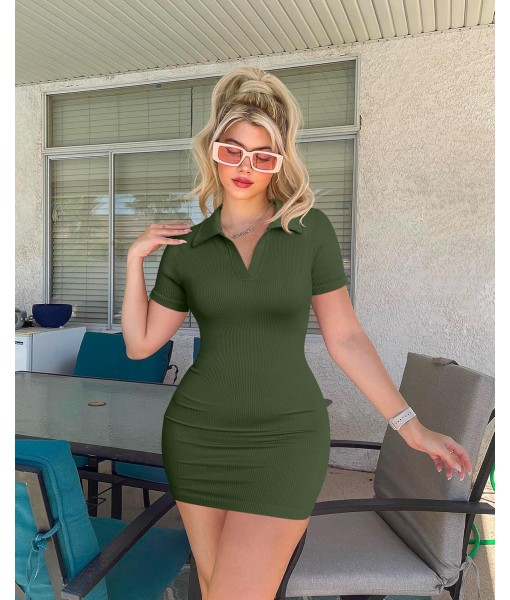 OQQ Women's Mini Dresses Sexy Ribbed Short Sleeve Tummy Control Bodycon Mini Dress