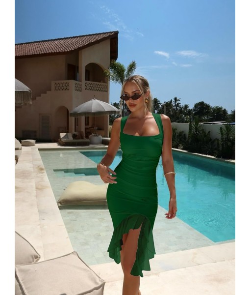BORIFLORS Women's Sexy Ruched Bodycon Midi Dresses Square Neck Sleeveless Ruffle Hem Club Party Tank Dress