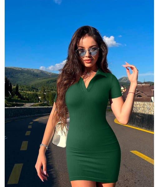 OQQ Women's Mini Dresses Sexy Ribbed Short Sleeve Tummy Control Bodycon Mini Dress