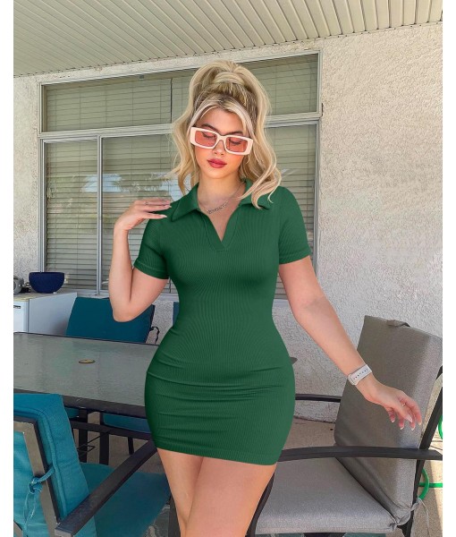 OQQ Women's Mini Dresses Sexy Ribbed Short Sleeve Tummy Control Bodycon Mini Dress
