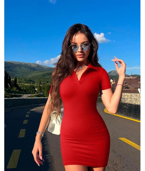 OQQ Women's Mini Dresses Sexy Ribbed Short Sleeve Tummy Control Bodycon Mini Dress