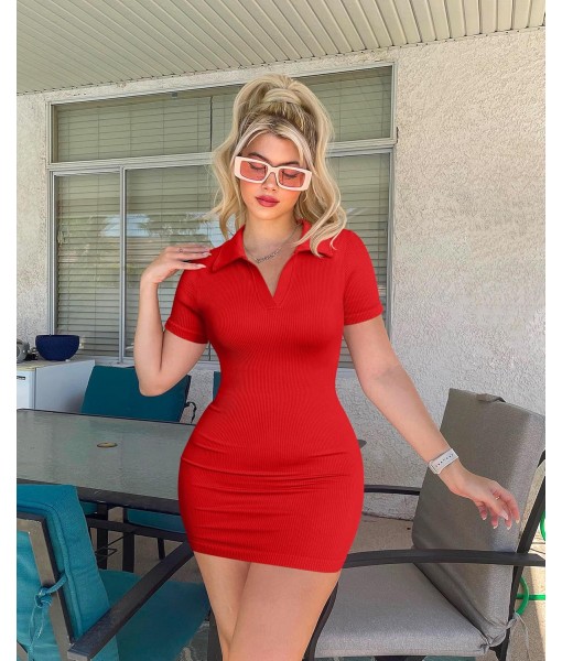 OQQ Women's Mini Dresses Sexy Ribbed Short Sleeve Tummy Control Bodycon Mini Dress