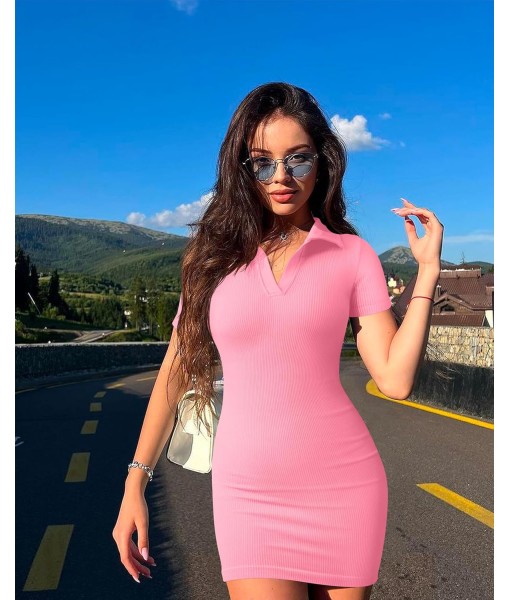 OQQ Women's Mini Dresses Sexy Ribbed Short Sleeve Tummy Control Bodycon Mini Dress