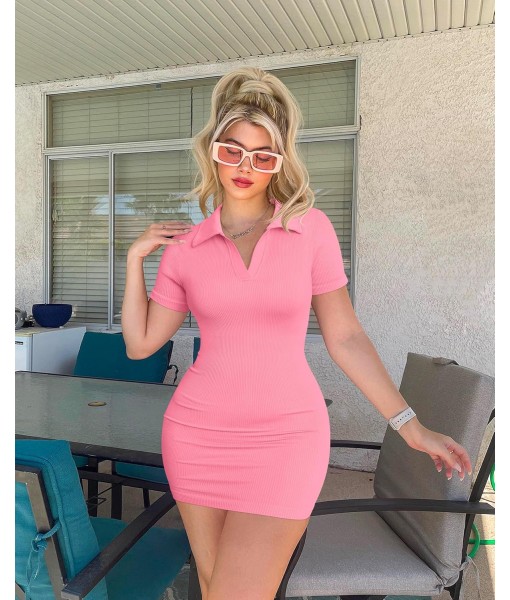 OQQ Women's Mini Dresses Sexy Ribbed Short Sleeve Tummy Control Bodycon Mini Dress