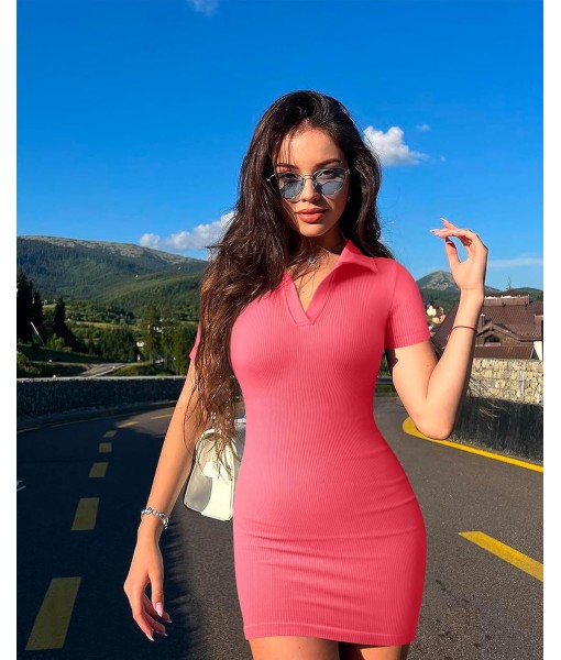 OQQ Women's Mini Dresses Sexy Ribbed Short Sleeve Tummy Control Bodycon Mini Dress