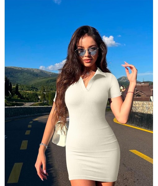 OQQ Women's Mini Dresses Sexy Ribbed Short Sleeve Tummy Control Bodycon Mini Dress