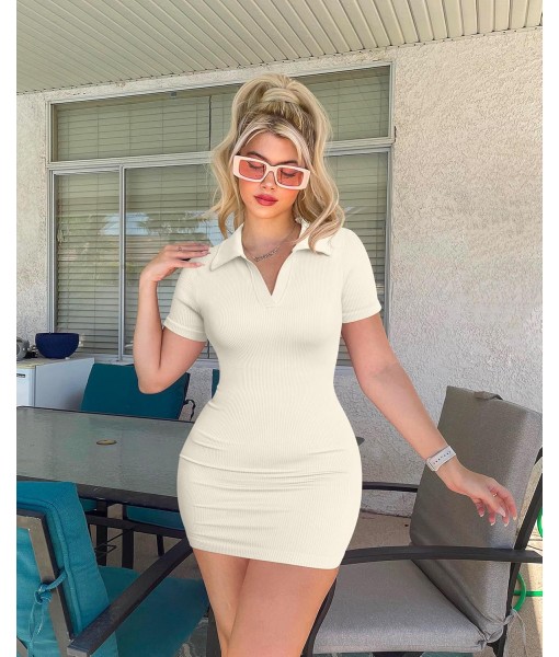 OQQ Women's Mini Dresses Sexy Ribbed Short Sleeve Tummy Control Bodycon Mini Dress