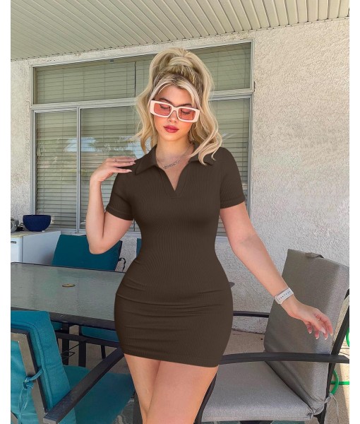 OQQ Women's Mini Dresses Sexy Ribbed Short Sleeve Tummy Control Bodycon Mini Dress