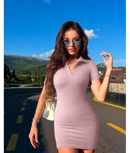 OQQ Women's Mini Dresses Sexy Ribbed Short Sleeve Tummy Control Bodycon Mini Dress