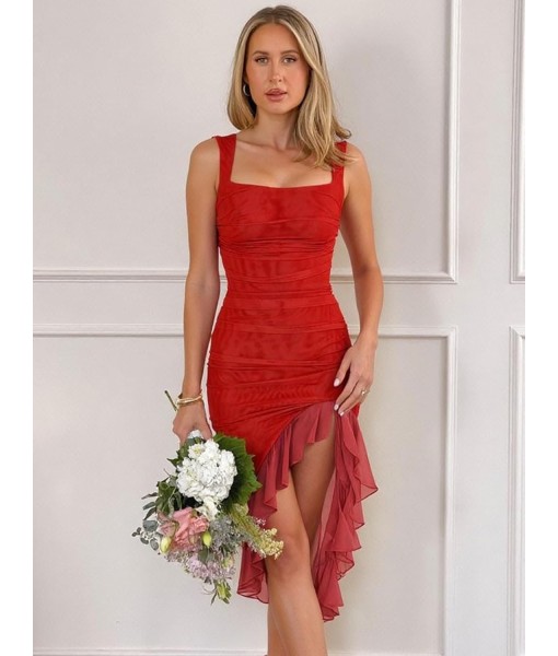 BORIFLORS Women's Sexy Ruched Bodycon Midi Dresses Square Neck Sleeveless Ruffle Hem Club Party Tank Dress