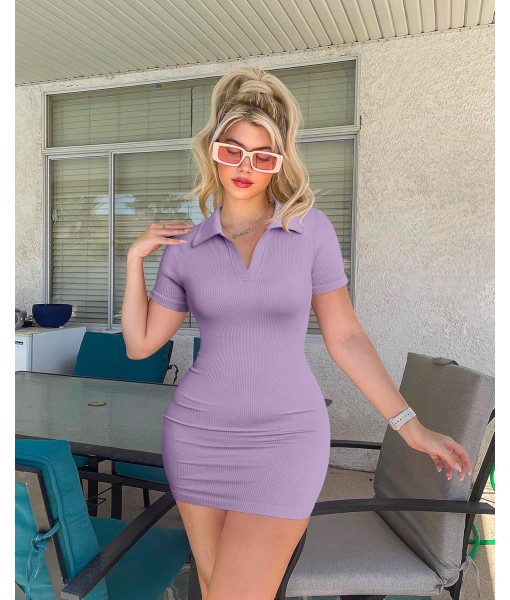 OQQ Women's Mini Dresses Sexy Ribbed Short Sleeve Tummy Control Bodycon Mini Dress