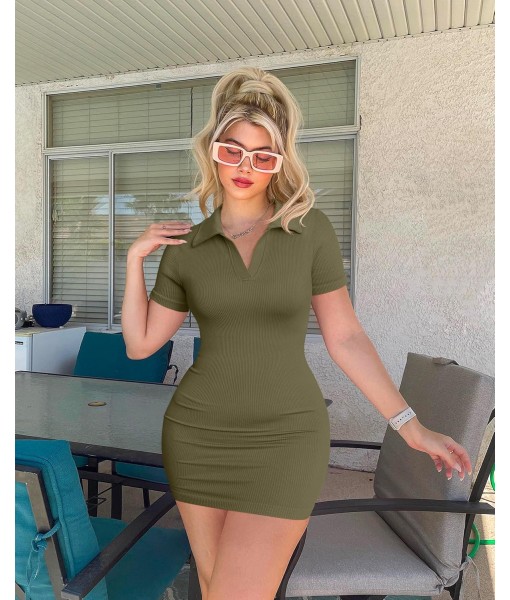 OQQ Women's Mini Dresses Sexy Ribbed Short Sleeve Tummy Control Bodycon Mini Dress