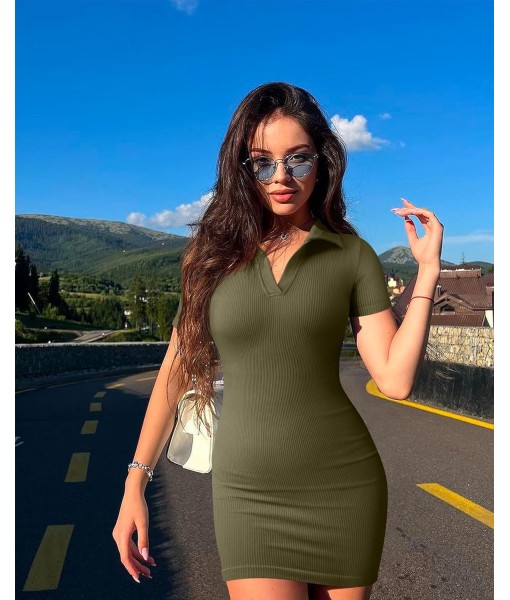 OQQ Women's Mini Dresses Sexy Ribbed Short Sleeve Tummy Control Bodycon Mini Dress