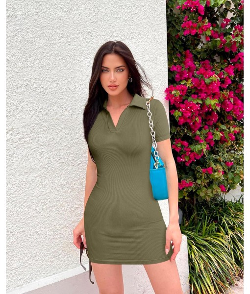 OQQ Women's Mini Dresses Sexy Ribbed Short Sleeve Tummy Control Bodycon Mini Dress