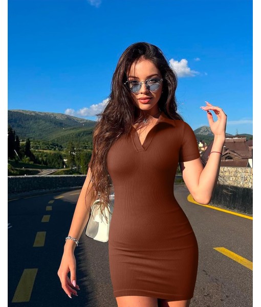 OQQ Women's Mini Dresses Sexy Ribbed Short Sleeve Tummy Control Bodycon Mini Dress