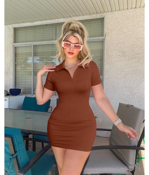 OQQ Women's Mini Dresses Sexy Ribbed Short Sleeve Tummy Control Bodycon Mini Dress