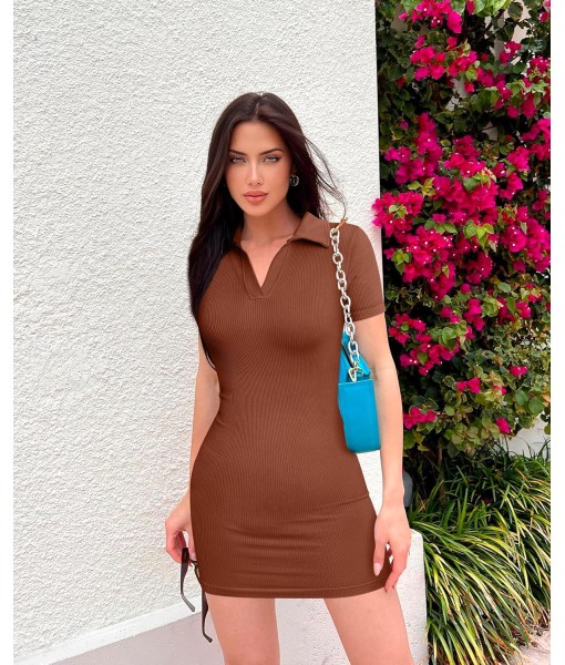 OQQ Women's Mini Dresses Sexy Ribbed Short Sleeve Tummy Control Bodycon Mini Dress