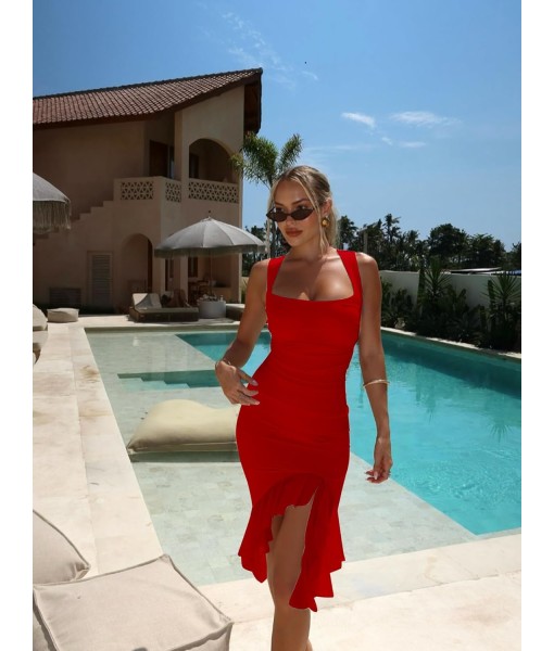 BORIFLORS Women's Sexy Ruched Bodycon Midi Dresses Square Neck Sleeveless Ruffle Hem Club Party Tank Dress