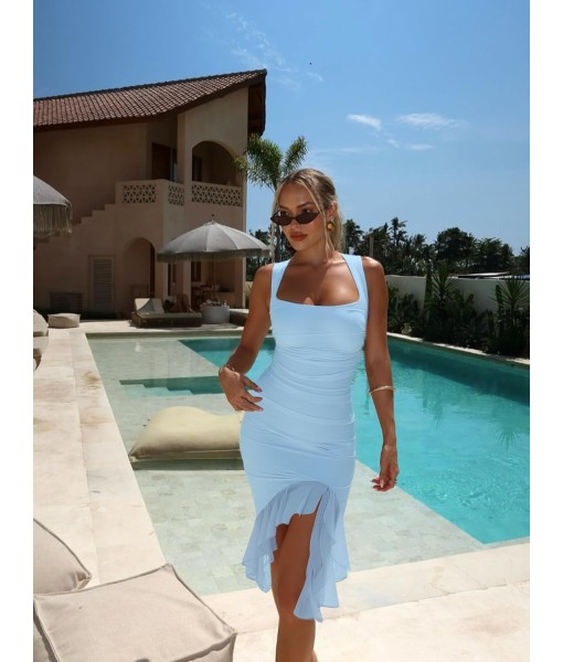 BORIFLORS Women's Sexy Ruched Bodycon Midi Dresses Square Neck Sleeveless Ruffle Hem Club Party Tank Dress