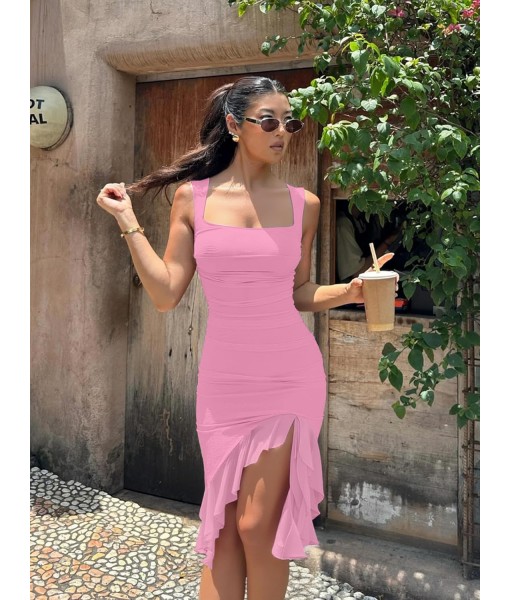 BORIFLORS Women's Sexy Ruched Bodycon Midi Dresses Square Neck Sleeveless Ruffle Hem Club Party Tank Dress