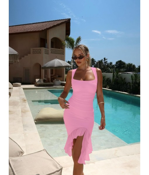 BORIFLORS Women's Sexy Ruched Bodycon Midi Dresses Square Neck Sleeveless Ruffle Hem Club Party Tank Dress