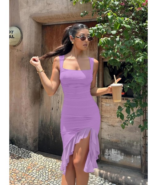 BORIFLORS Women's Sexy Ruched Bodycon Midi Dresses Square Neck Sleeveless Ruffle Hem Club Party Tank Dress