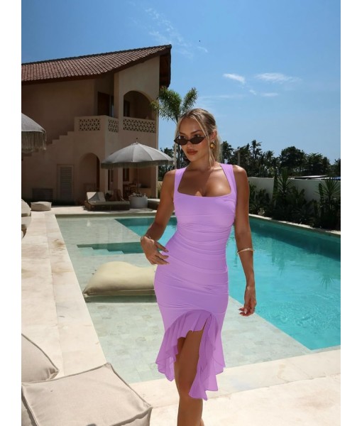 BORIFLORS Women's Sexy Ruched Bodycon Midi Dresses Square Neck Sleeveless Ruffle Hem Club Party Tank Dress