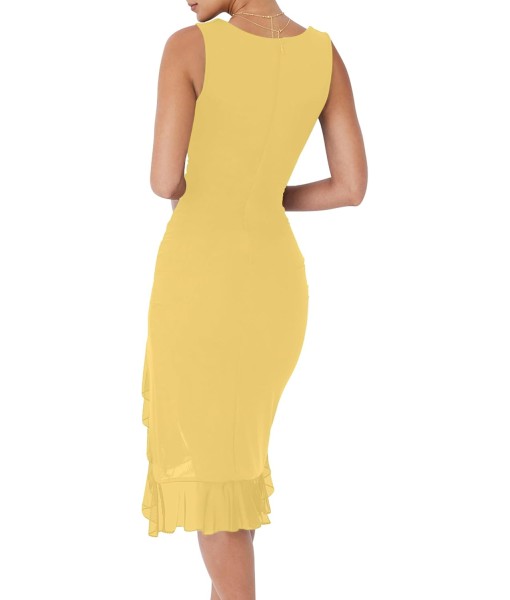 BORIFLORS Women's Sexy Ruched Bodycon Midi Dresses Square Neck Sleeveless Ruffle Hem Club Party Tank Dress