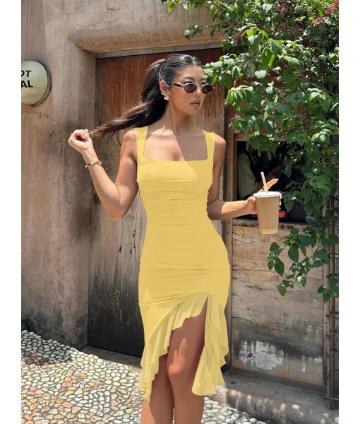 BORIFLORS Women's Sexy Ruched Bodycon Midi Dresses Square Neck Sleeveless Ruffle Hem Club Party Tank Dress