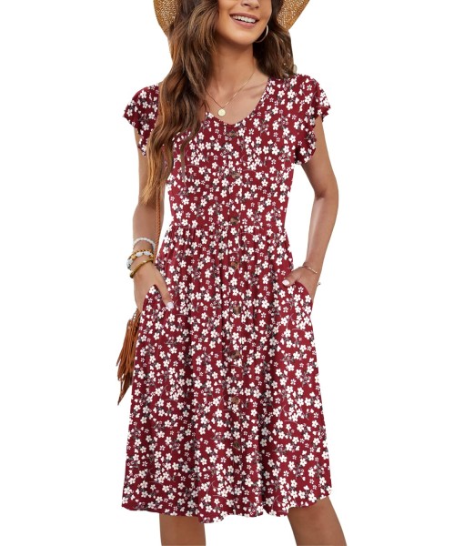 WNEEDU Women Summer Dresses Sleeveless Casual Loose Swing Button Down Midi Dress with Pockets