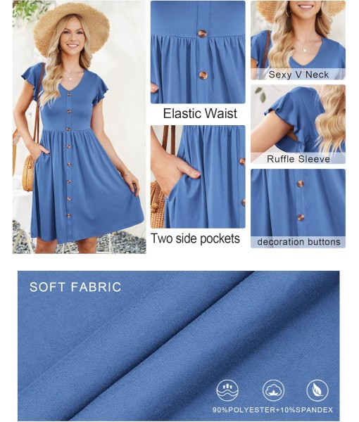 WNEEDU Women Summer Dresses Sleeveless Casual Loose Swing Button Down Midi Dress with Pockets