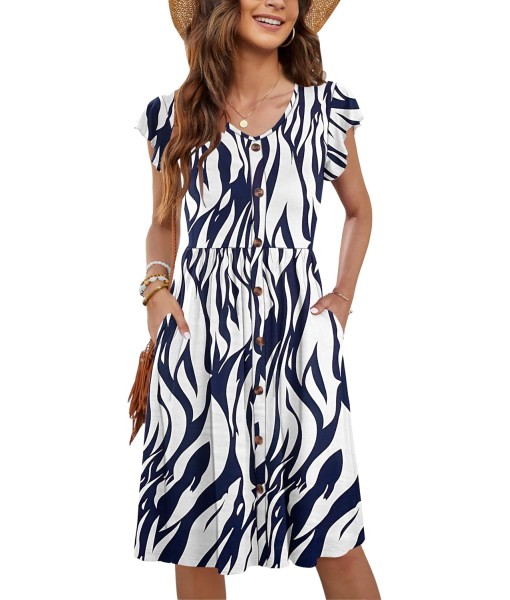 WNEEDU Women Summer Dresses Sleeveless Casual Loose Swing Button Down Midi Dress with Pockets