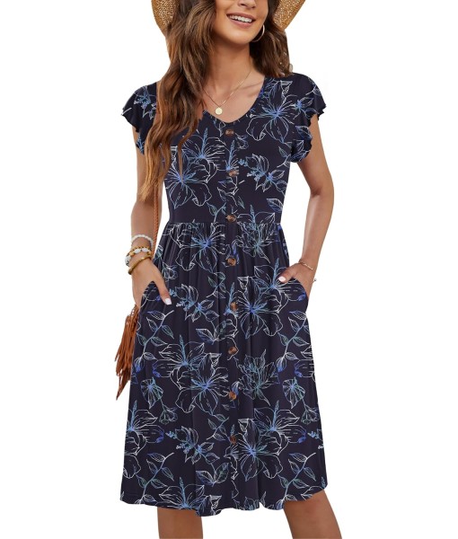 WNEEDU Women Summer Dresses Sleeveless Casual Loose Swing Button Down Midi Dress with Pockets