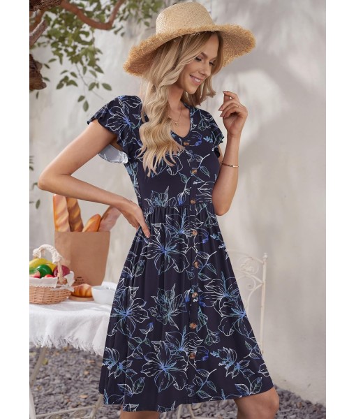 WNEEDU Women Summer Dresses Sleeveless Casual Loose Swing Button Down Midi Dress with Pockets
