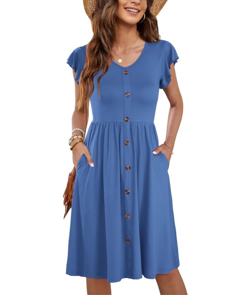 WNEEDU Women Summer Dresses Sleeveless Casual Loose Swing Button Down Midi Dress with Pockets